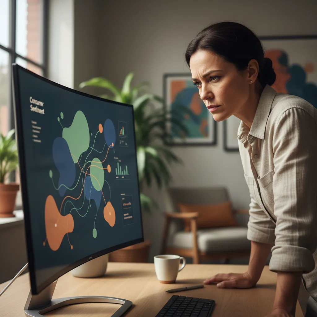 Analyst reviewing AI-generated consumer sentiment and predictive market trend data.