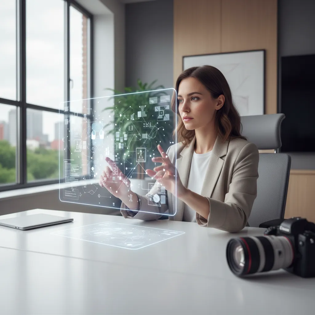 Content strategist reviewing AI-generated content strategy on a holographic display