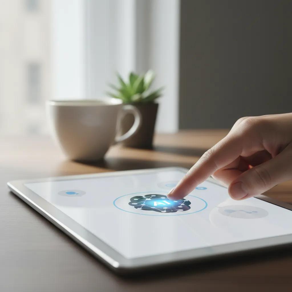 Human interacting with an AI chatbot on a tablet for customer service.