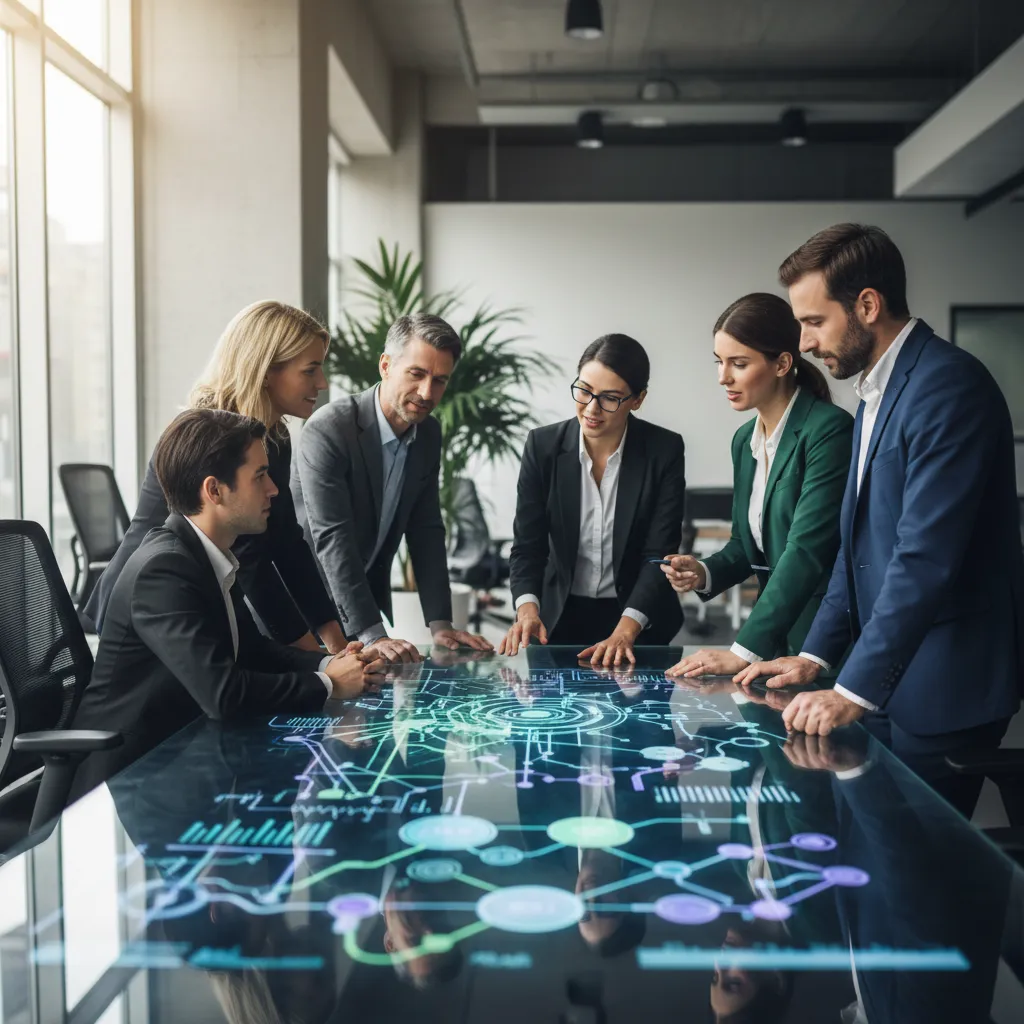 Business professionals analyzing AI customer journey data for strategic insights.