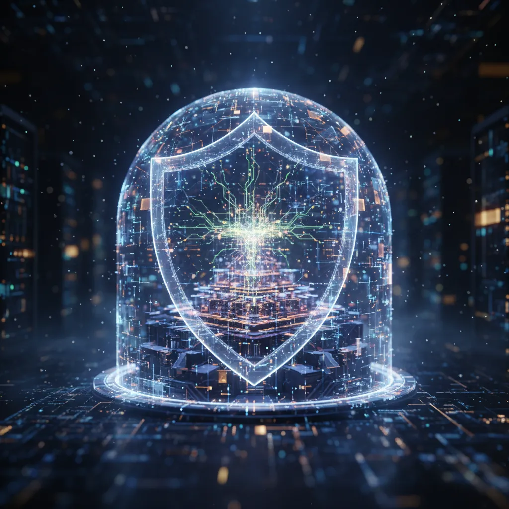 AI-powered shield protecting a digital network from cyber threats