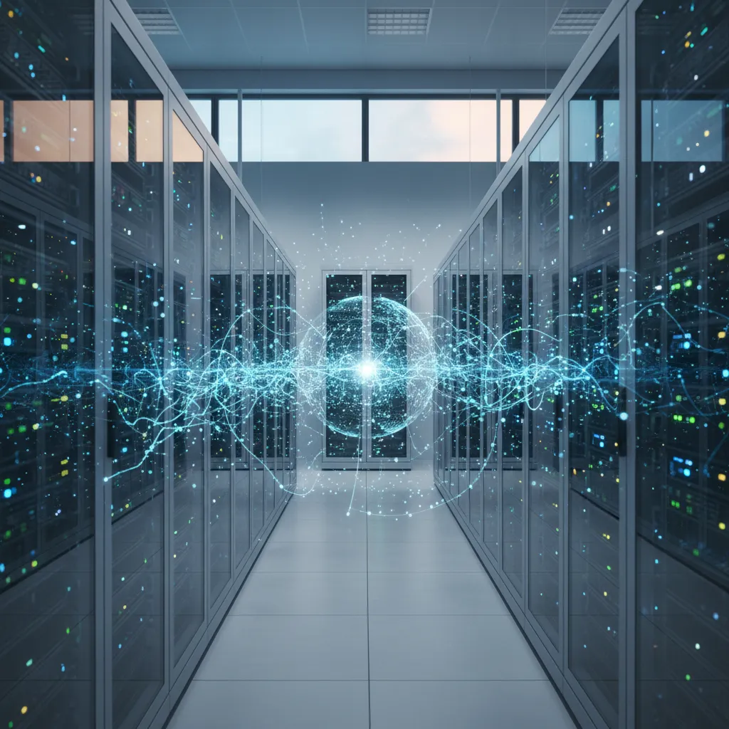 A secure, modern financial data center with glowing blue neural network lines overlaid, symbolizing AI protecting digital transactions.