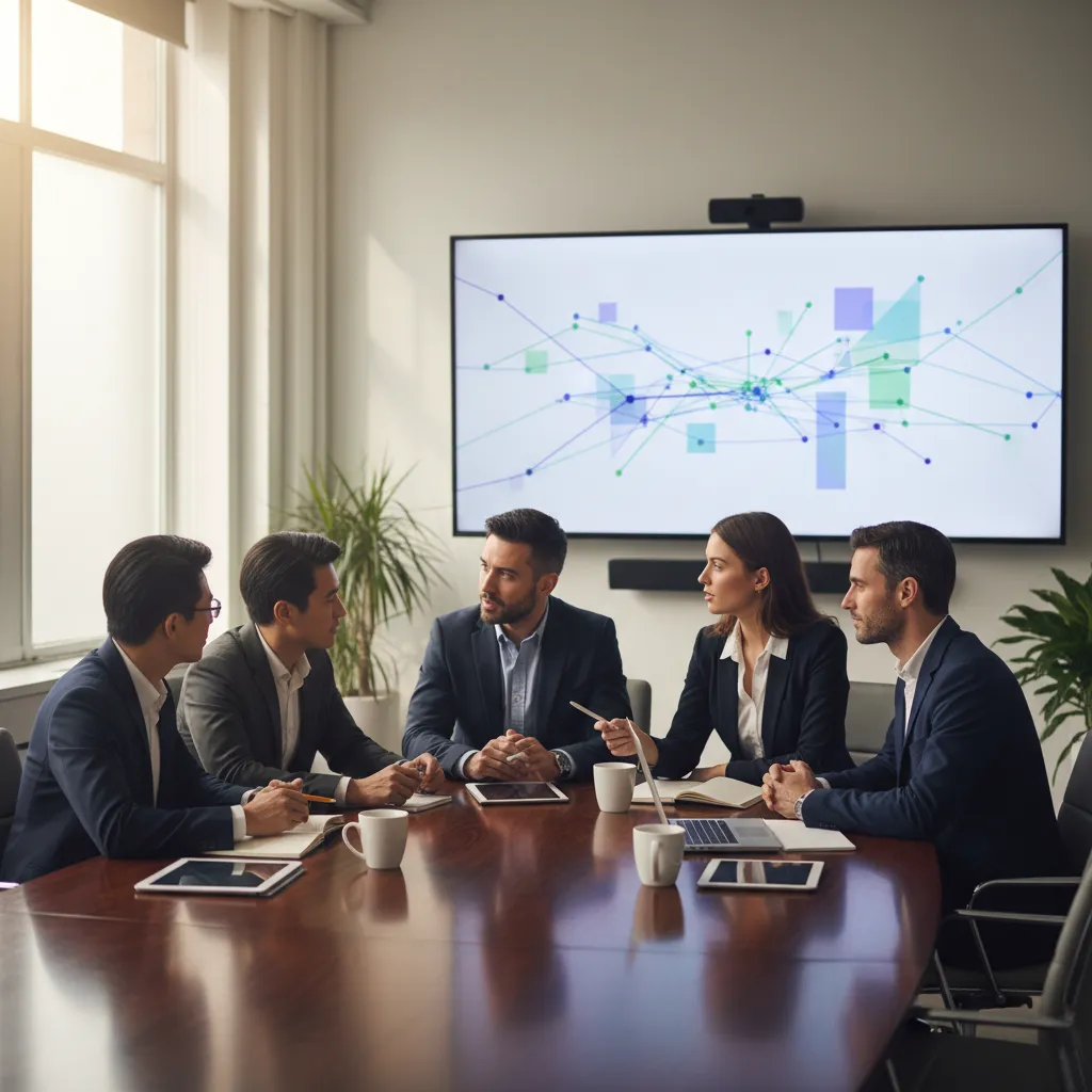 Business team collaborating with AI financial forecasts on a screen