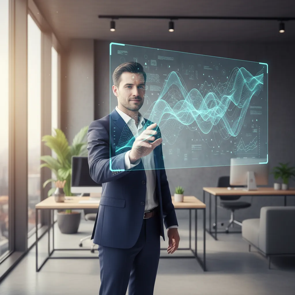 Financial analyst viewing AI-driven holographic financial forecasts