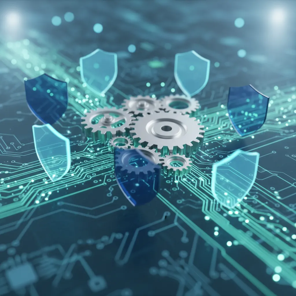 A visual metaphor of a secure, interconnected network of gears and data streams, symbolizing a robust AI governance framework providing stability and oversight.