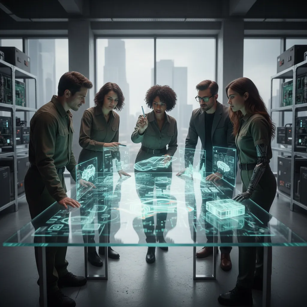Team collaborating on AI-generated innovation concepts in a futuristic lab