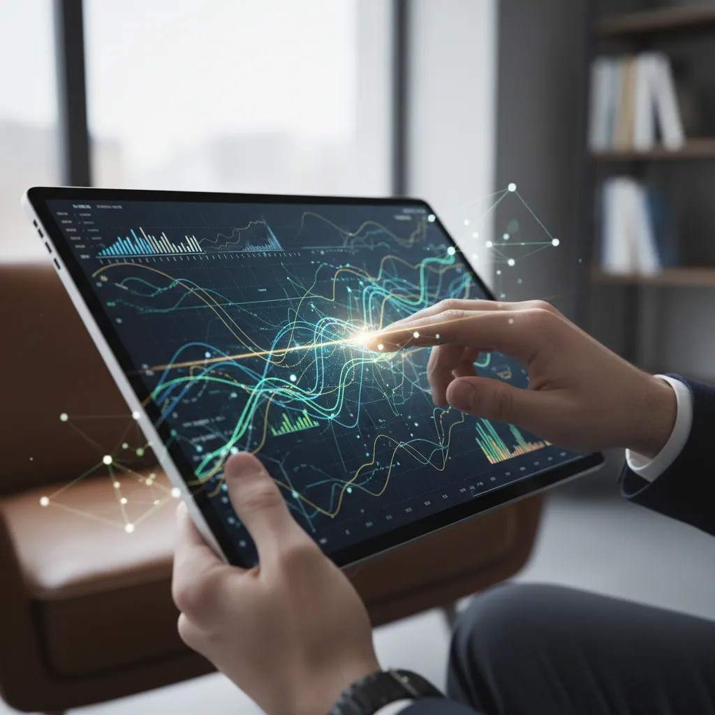 Digital interface showing AI-driven investment portfolio analytics and growth graphs