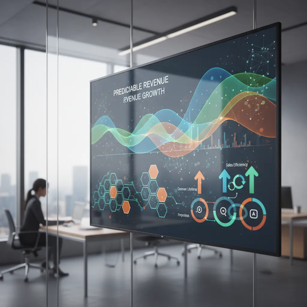 AI-driven RevOps dashboard showing predictable revenue growth, optimized customer lifetime value, and enhanced sales efficiency metrics.