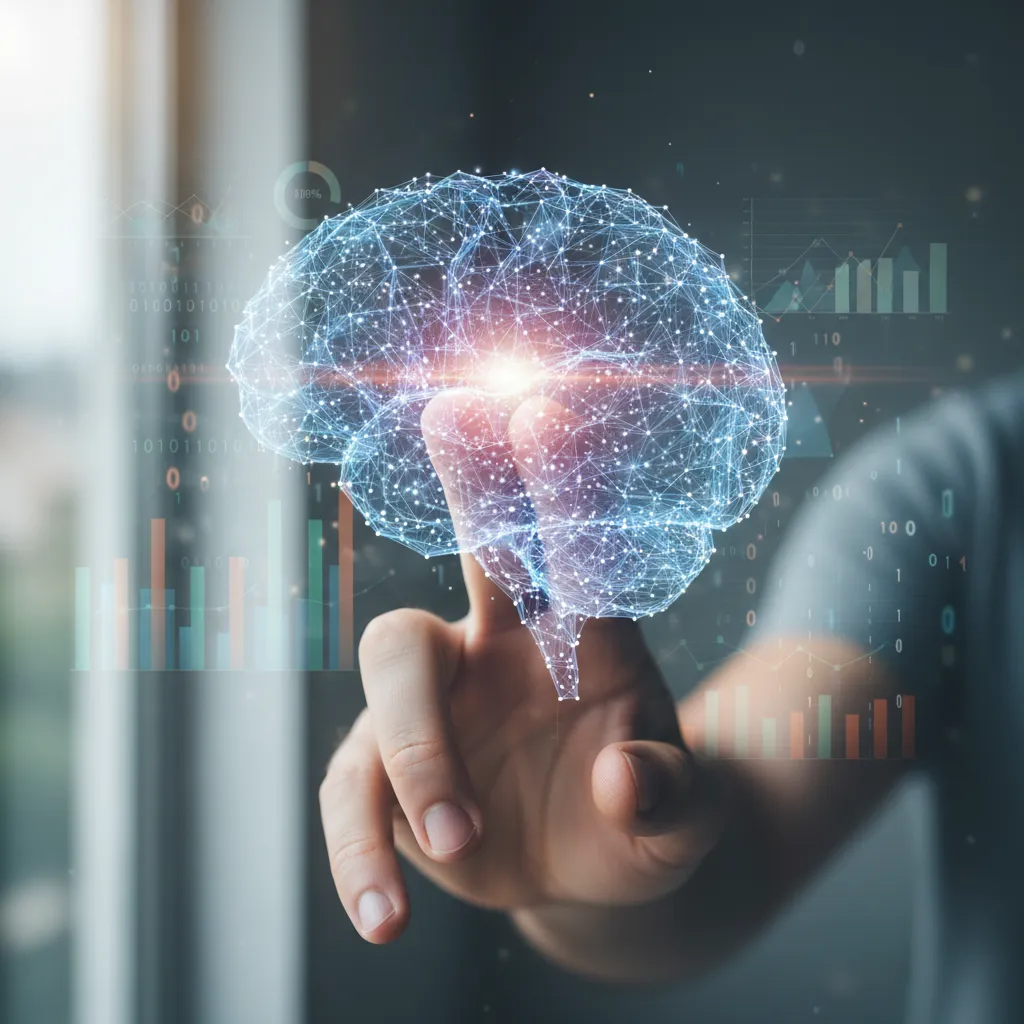 Human hand connecting with a glowing digital brain representing AI synergy