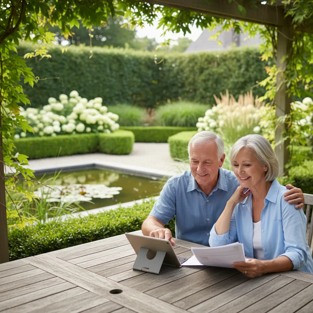 Senior couple reviewing retirement financial documents peacefully in a garden
