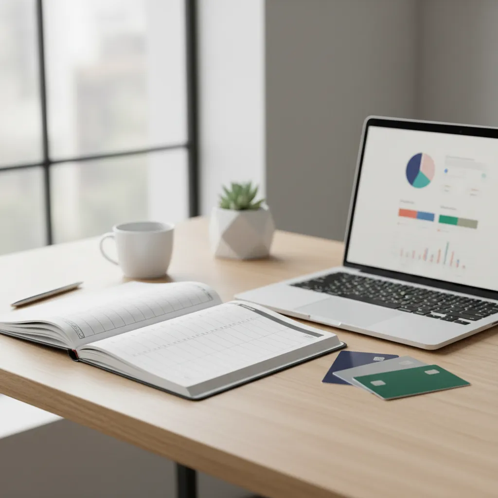A display of different business credit cards alongside financial planning tools, symbolizing strategic financial management.
