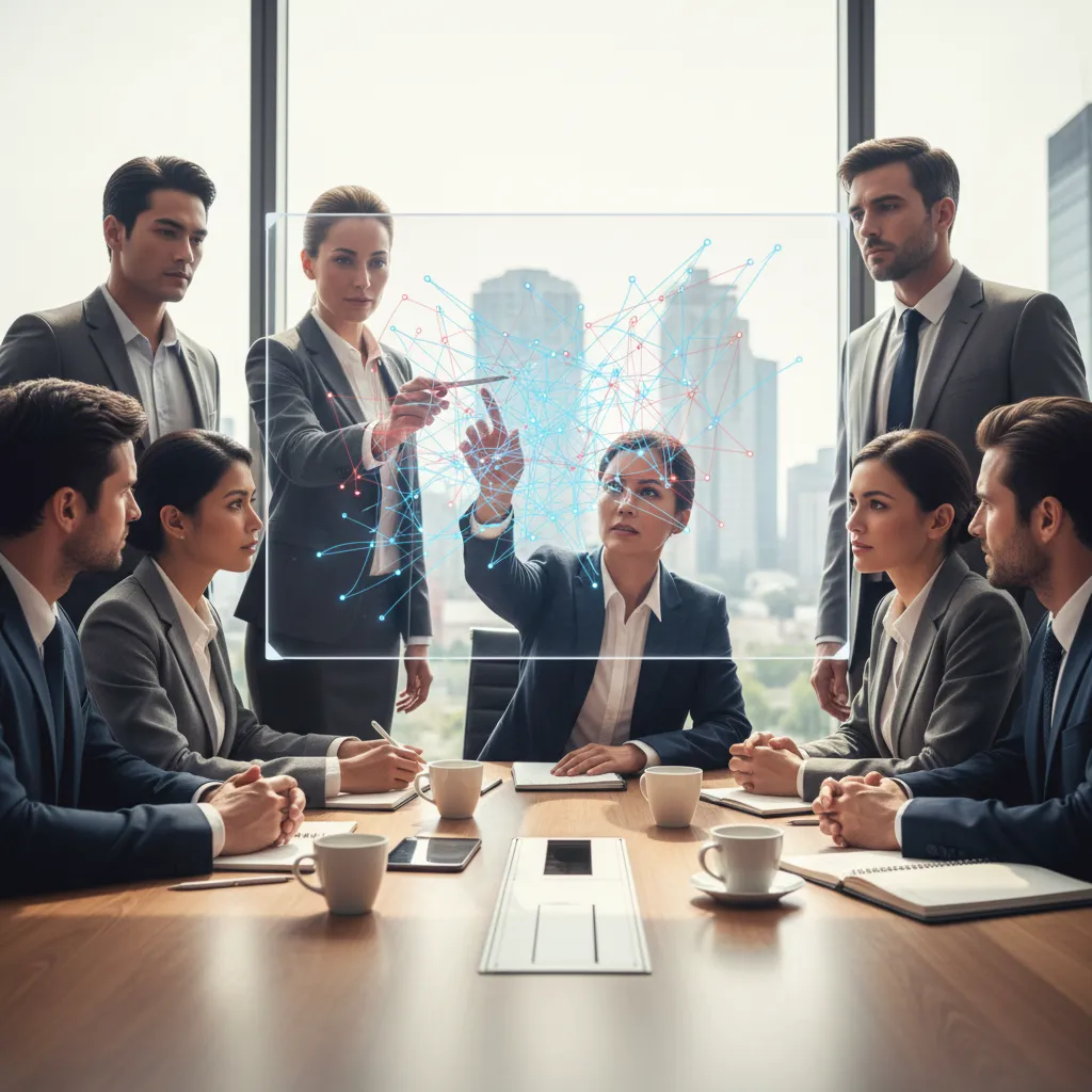 Business leaders discussing cybersecurity risk and insurance strategy in a modern boardroom