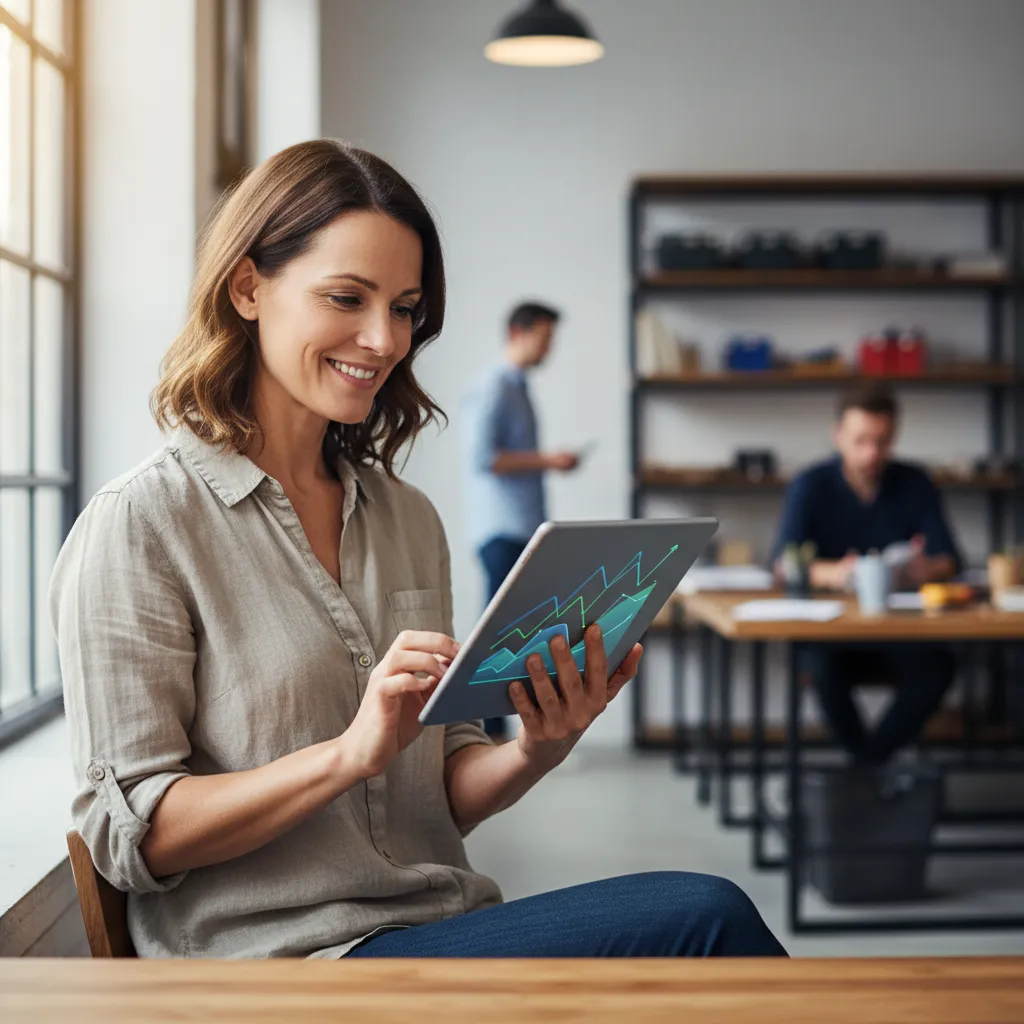 Confident business owner viewing positive cash flow, symbolizing financial stability and growth.