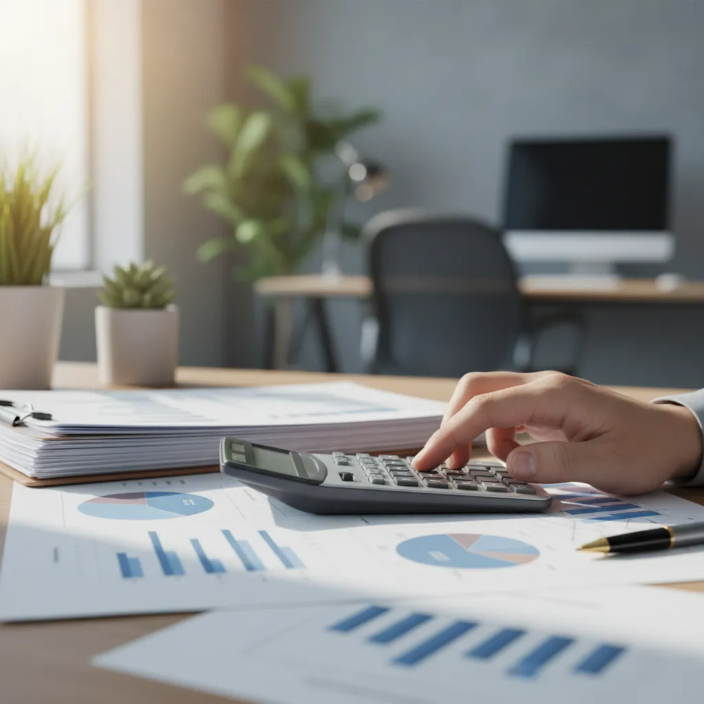 Hand calculating expenses on financial statements, symbolizing wealth management fee analysis.