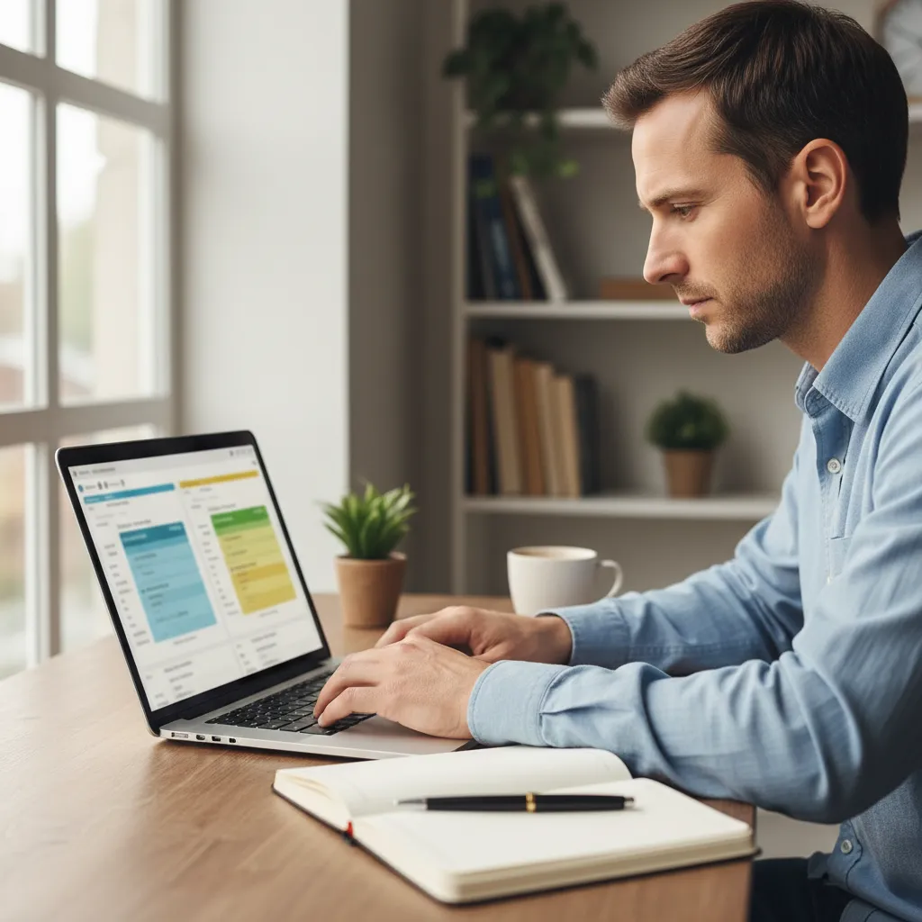 Individual comparing financial advisor profiles and fee structures on a laptop, making an informed decision.