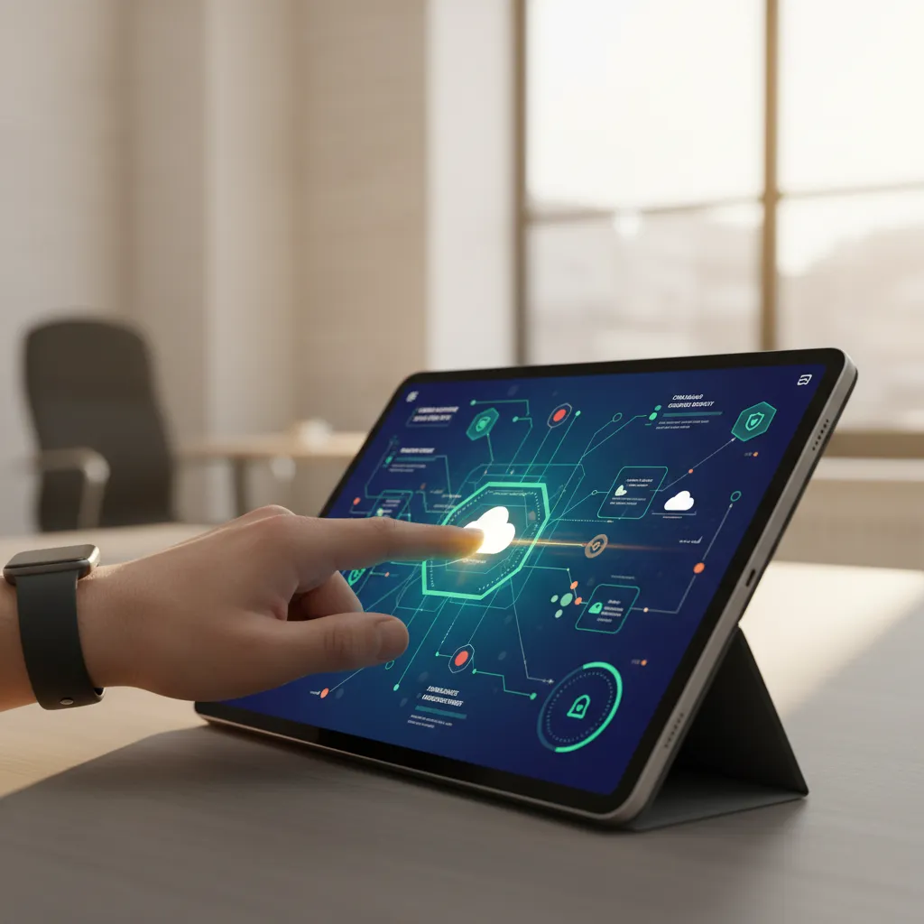 Hand interacting with a tablet displaying automated cloud security posture management remediation data.