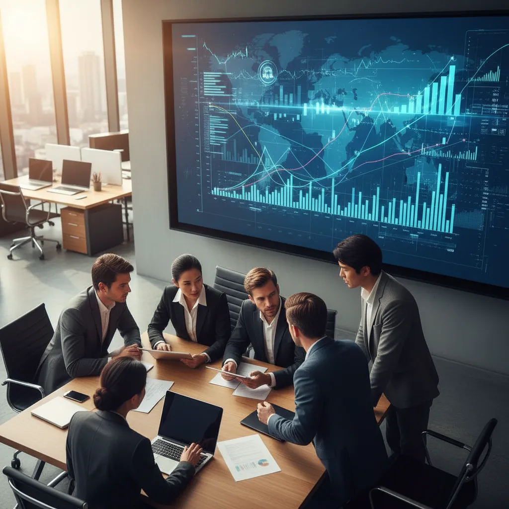 Business team analyzing global currency charts for strategic hedging decisions