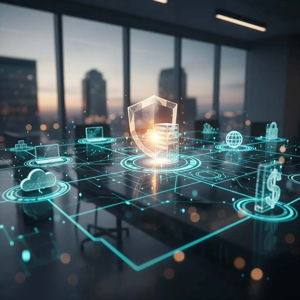 Digital shield protecting a business network, symbolizing cybersecurity insurance