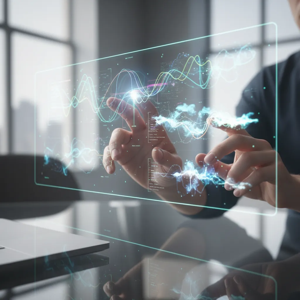 Hands interacting with a holographic display showing market data and competitive analysis for data-driven SaaS pricing.