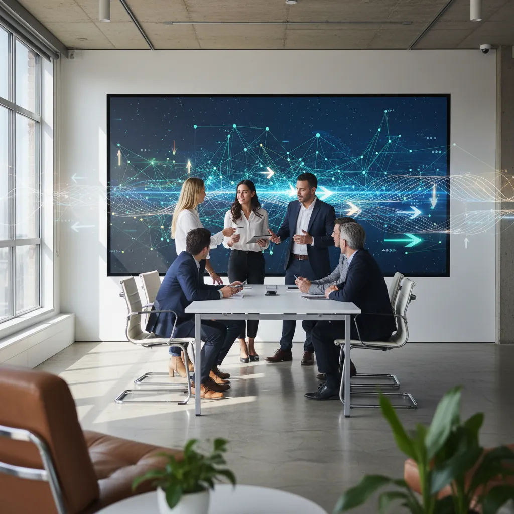 Business professionals analyzing data on a screen, representing data monetization strategy