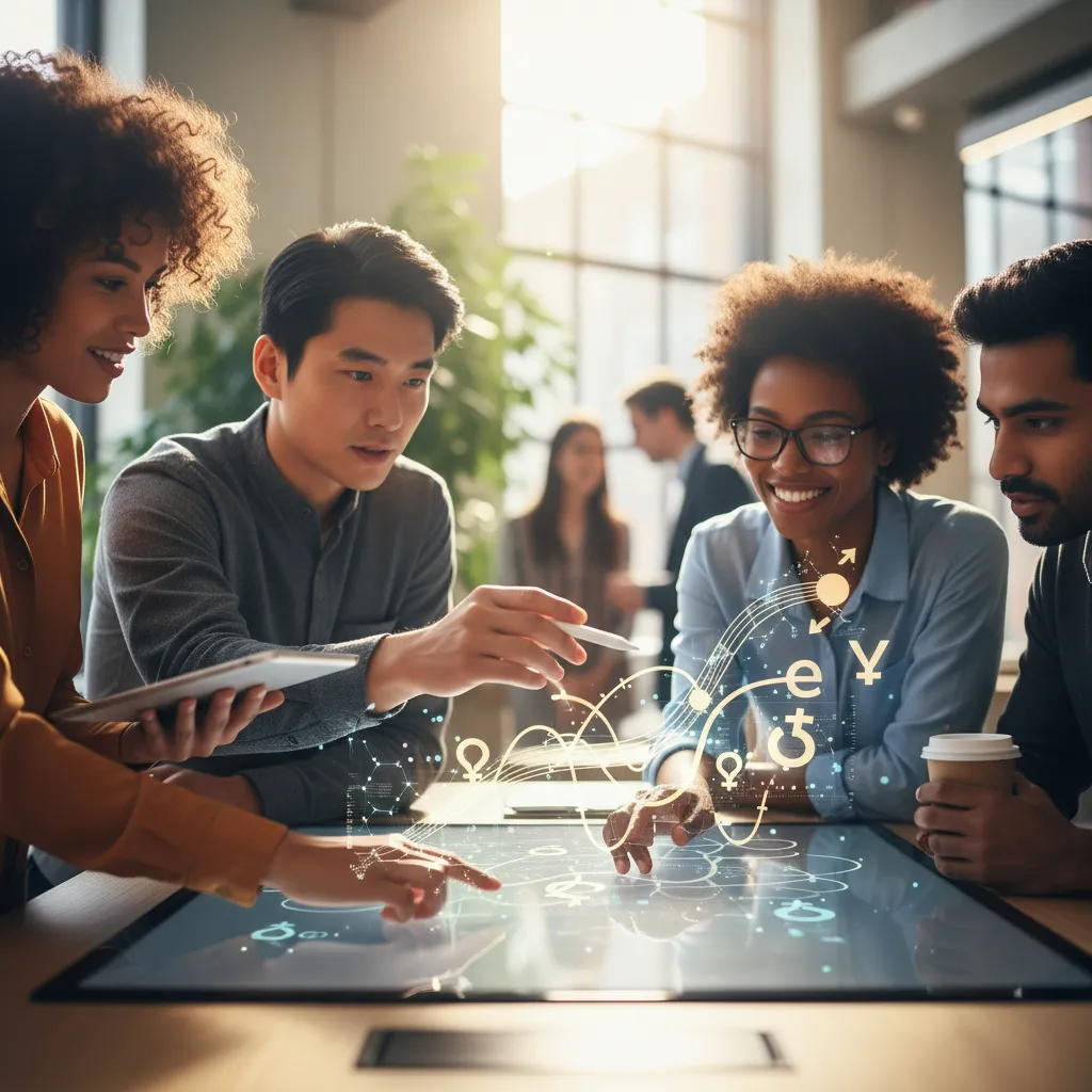 Diverse employees collaborating, with financial graphs subtly overlaid, symbolizing shared success through an ESOP