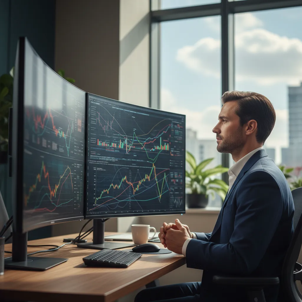 Financial advisor reviewing AI-driven investment insights on multiple screens