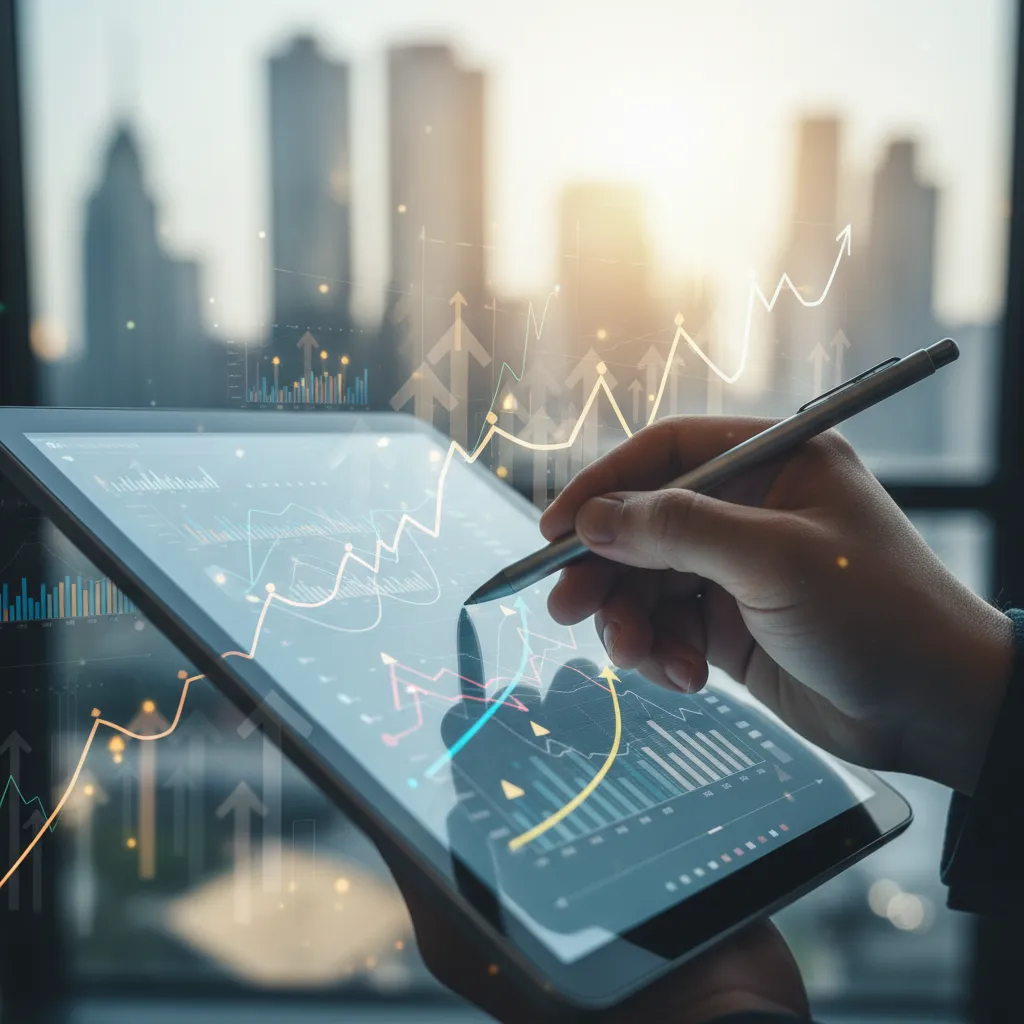 Hand analyzing financial models and growth projections on a tablet