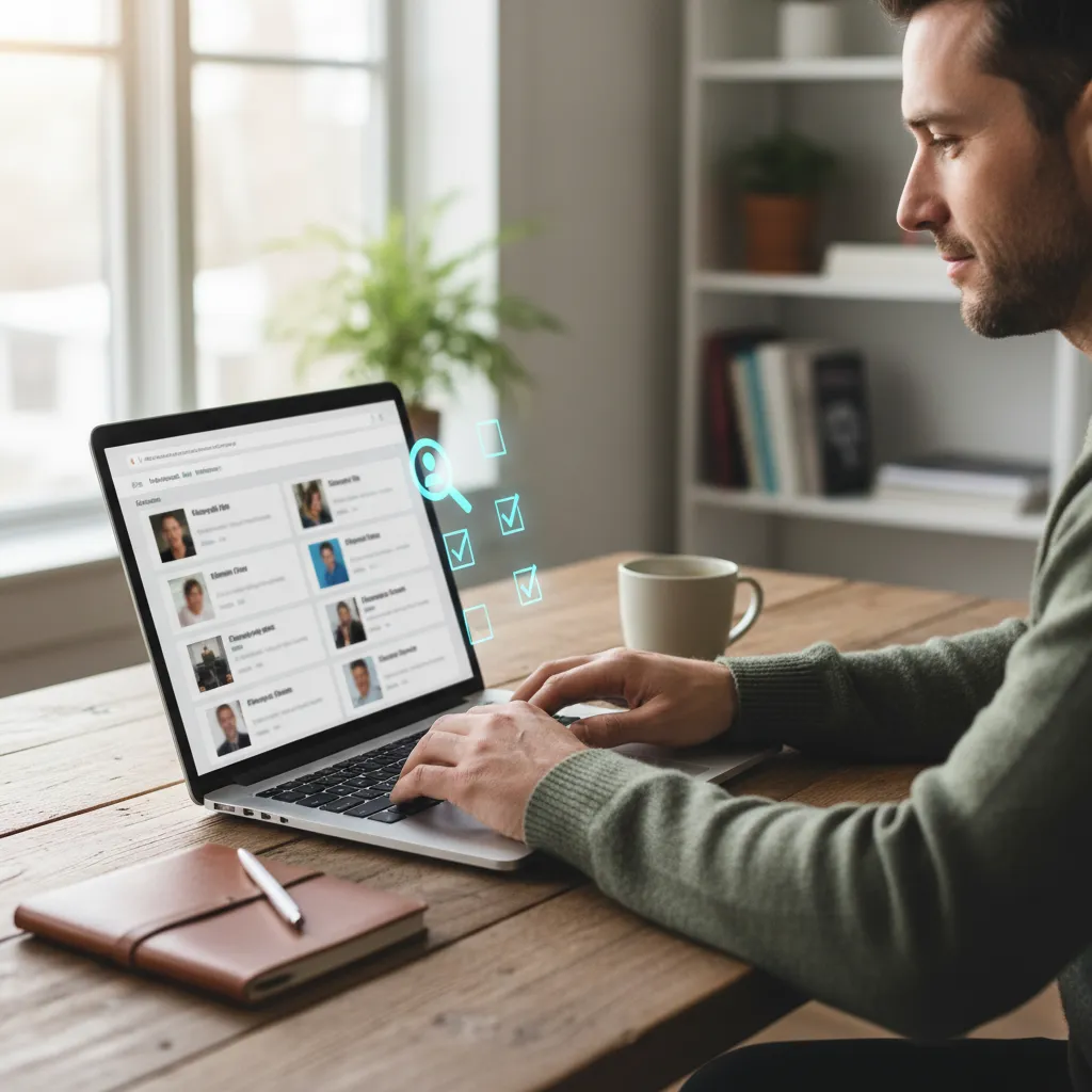 A person diligently researching and comparing financial advisors on a laptop, signifying the process of finding a trustworthy fiduciary.