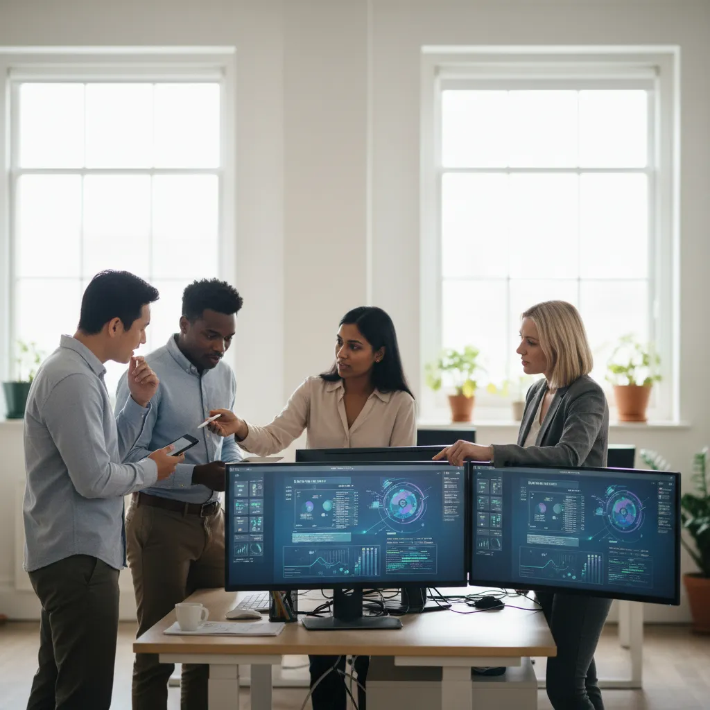 Finance and engineering teams collaborating to analyze cloud cost data on computer screens.