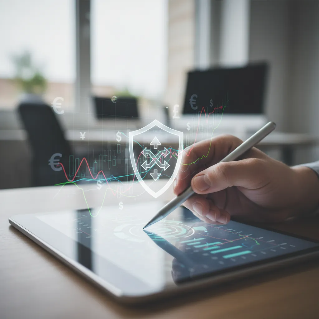 Hand on tablet showing financial graph with currency symbols and shield icon for risk management