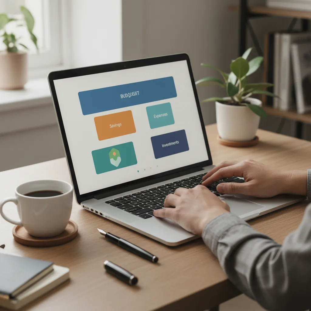 Hands actively managing a budget and paying bills on a laptop, demonstrating financial responsibility