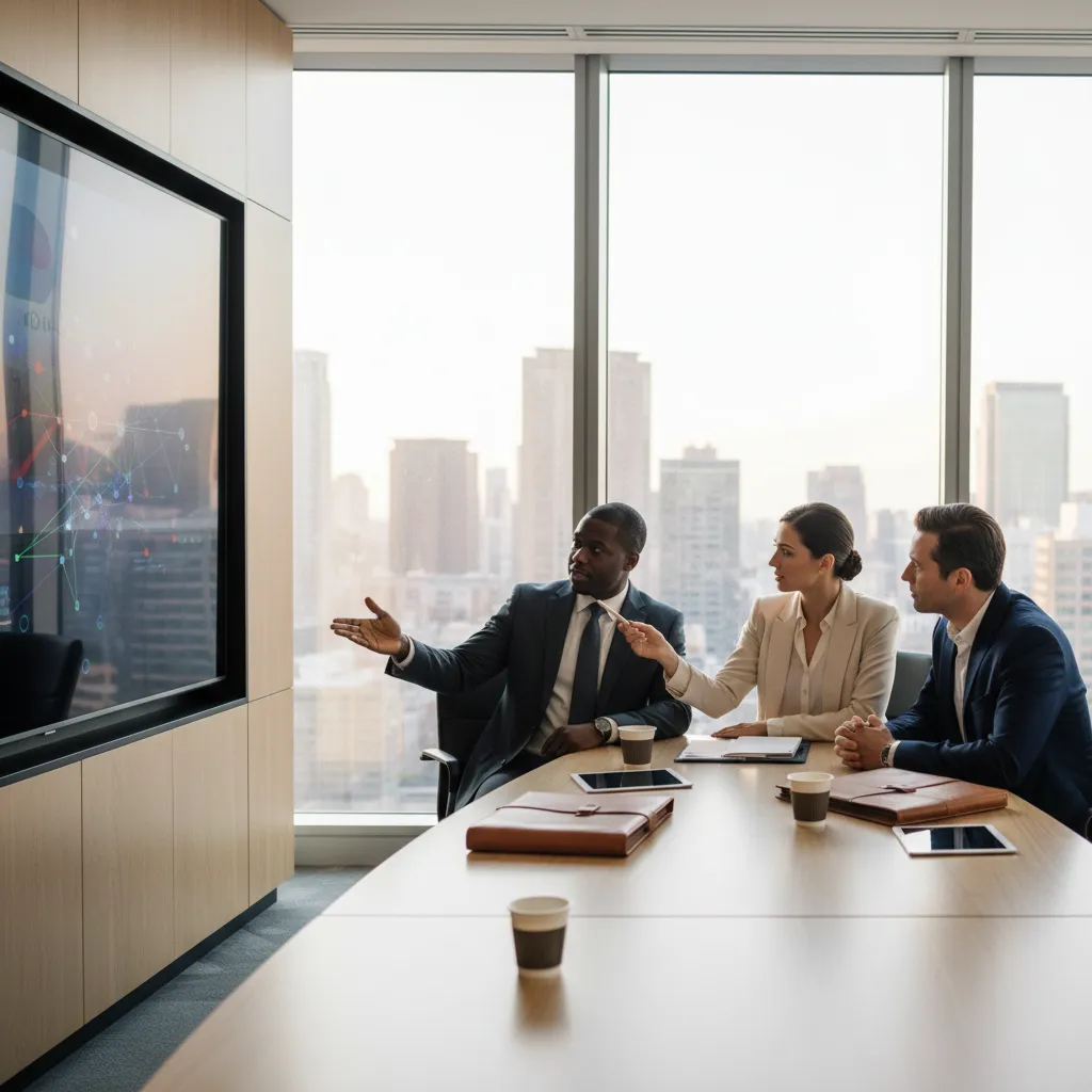 Financial advisors discussing strategic wealth planning with high net worth clients in a modern office