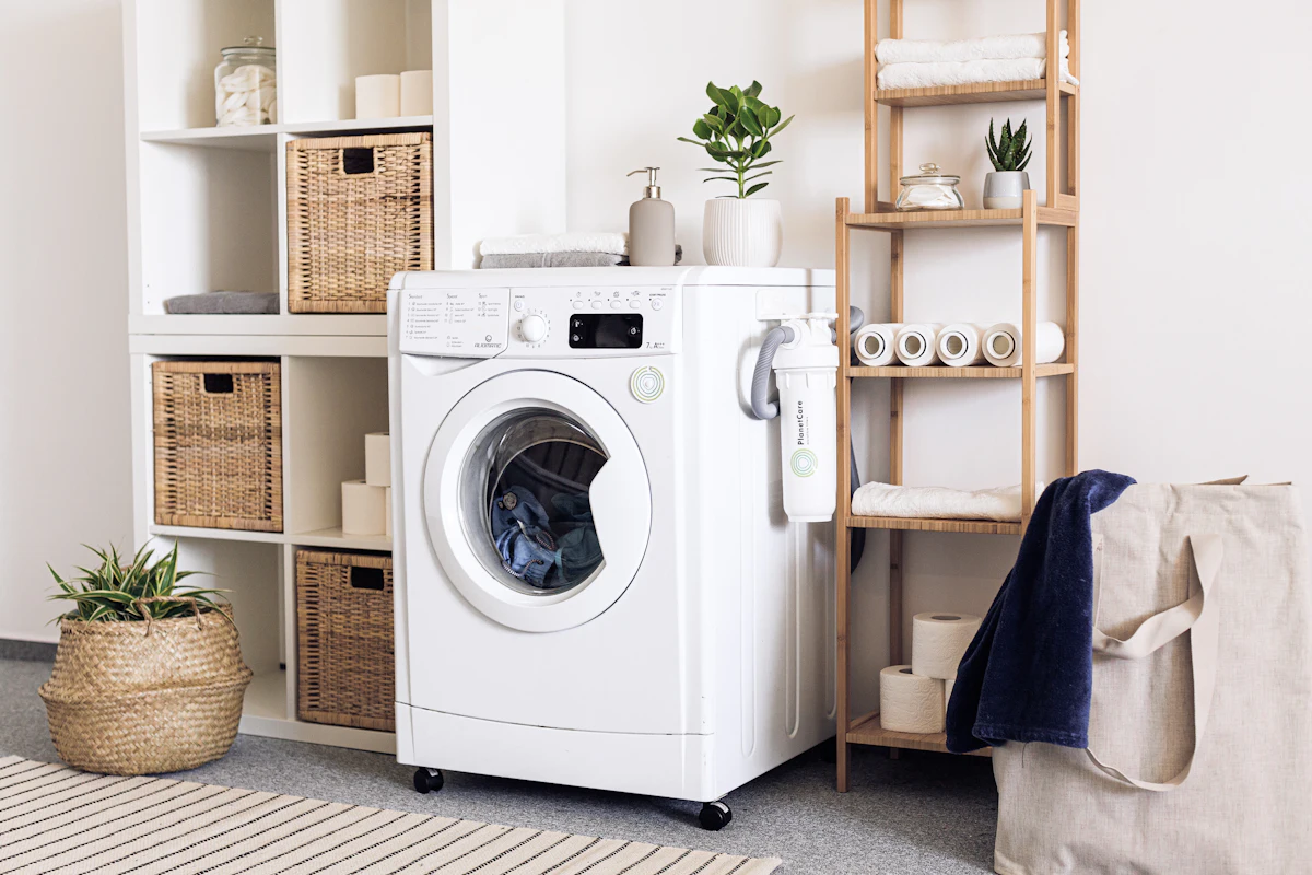 White front-load washing machine in a laundry corner between wooden shelves, wicker baskets and a tote bag