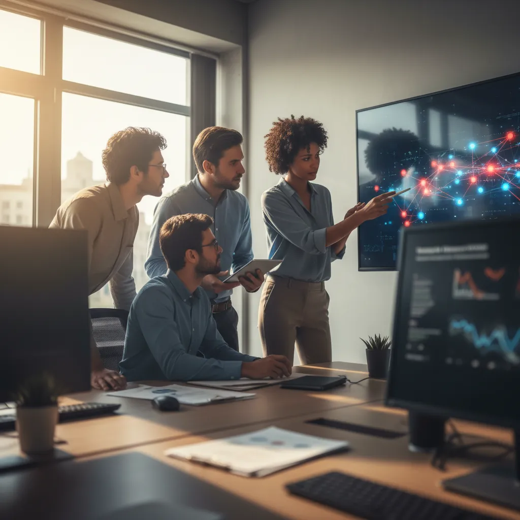 A diverse financial analyst team collaborating, reviewing AI-generated fraud alerts on a large screen, emphasizing human oversight and decision-making.