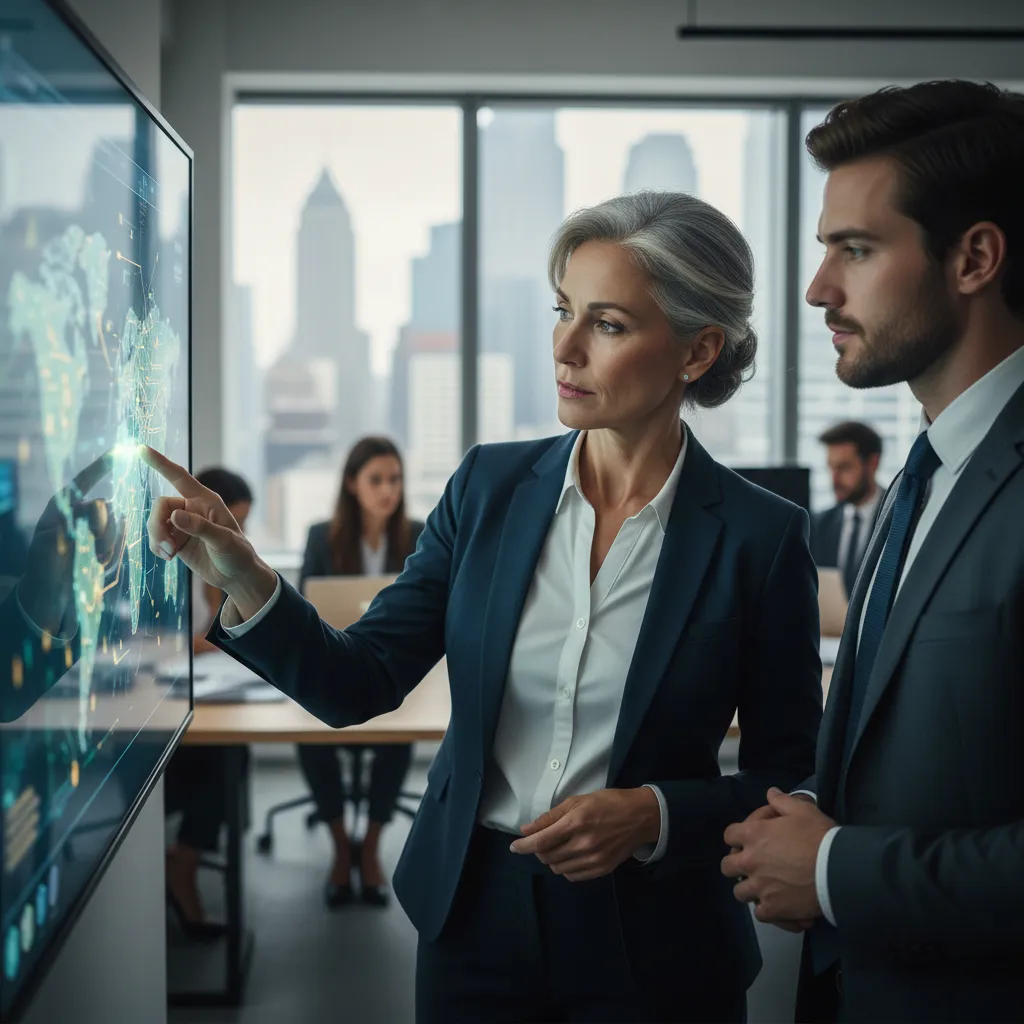 Business leader collaborating with an AI dashboard to interpret strategic insights.