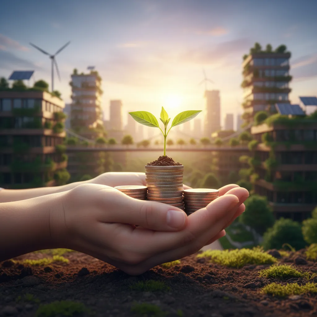 Hands nurturing a seedling growing from coins, symbolizing impact investing for sustainable growth and financial returns.