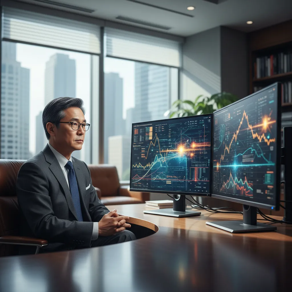 An investor reviews multiple screens displaying market data and portfolio performance, demonstrating strategic analysis of investment factors.