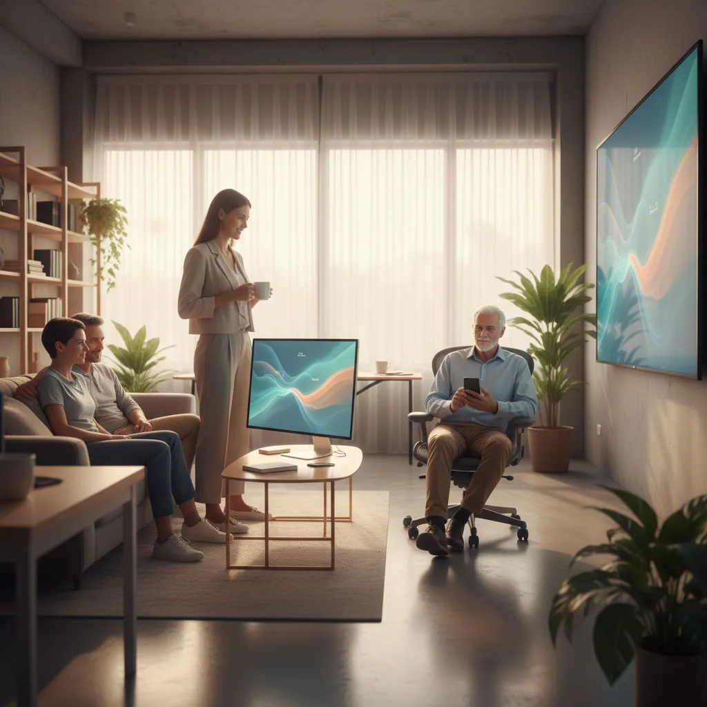 Diverse investors confidently viewing their automated investment portfolios on digital screens.