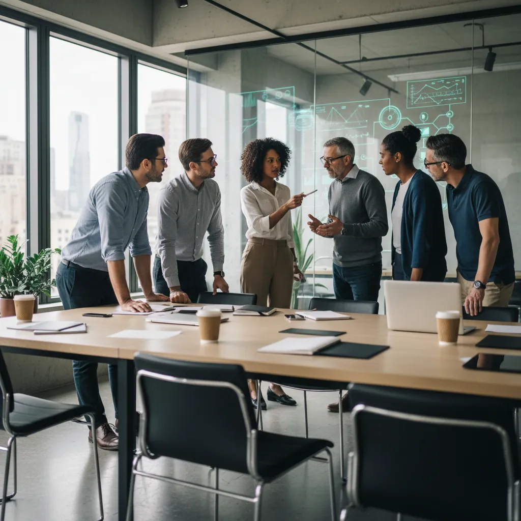 Financial team analyzing leveraged buyout strategy on a whiteboard