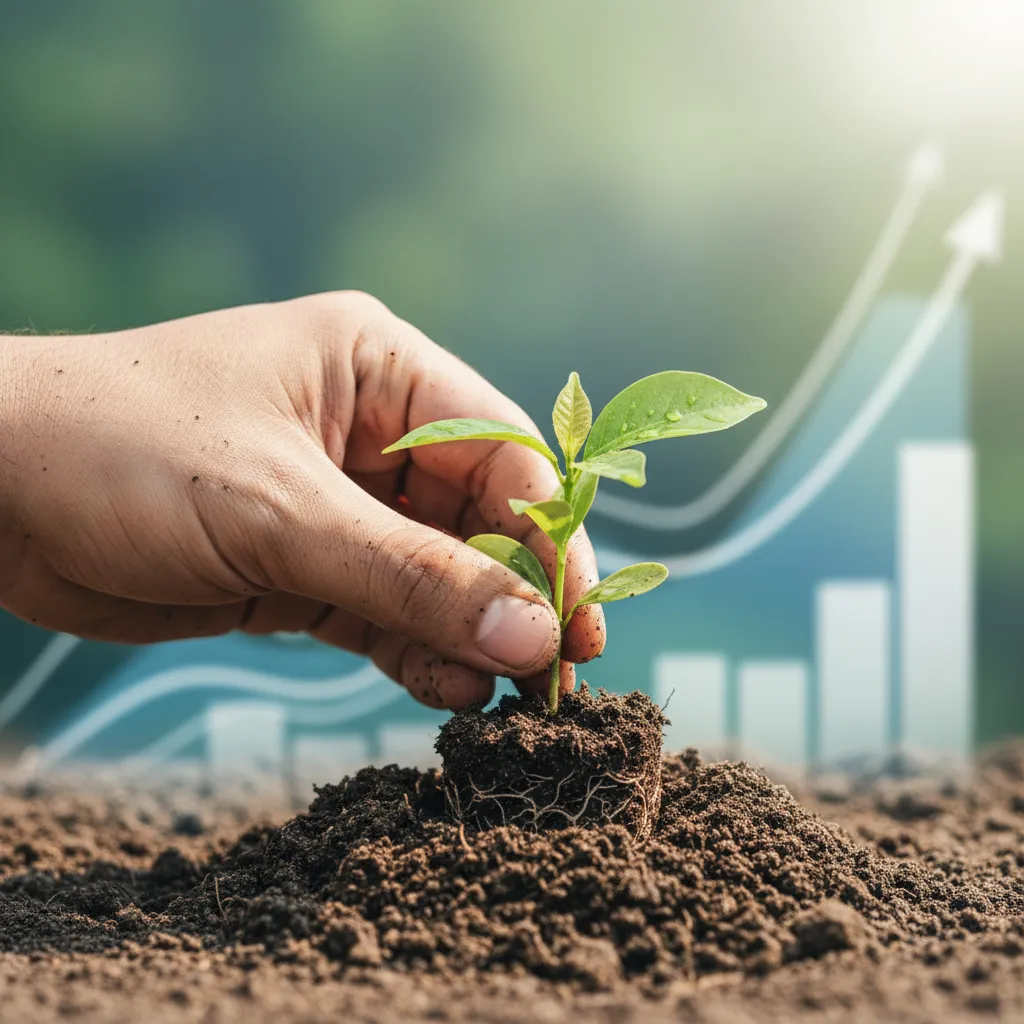 Hand planting a sapling, symbolizing long-term, tax-efficient wealth building and compounding.