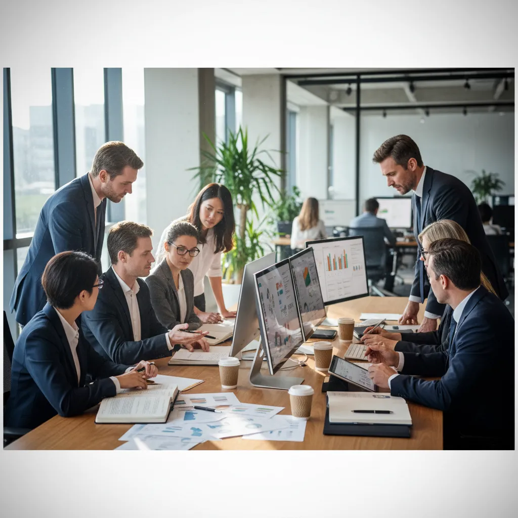 Business team conducting M&A due diligence, reviewing documents and data