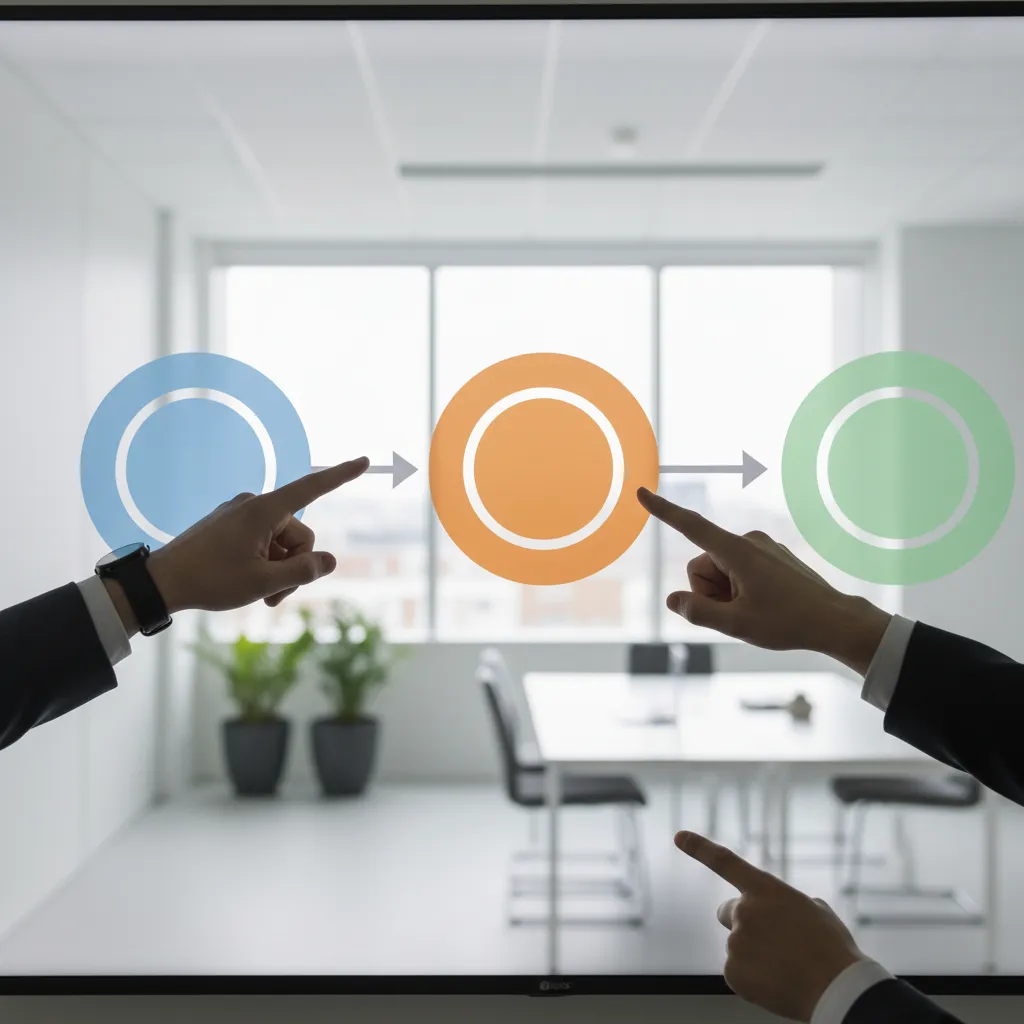 Hands pointing at a digital flowchart illustrating the stages of the M&A process.