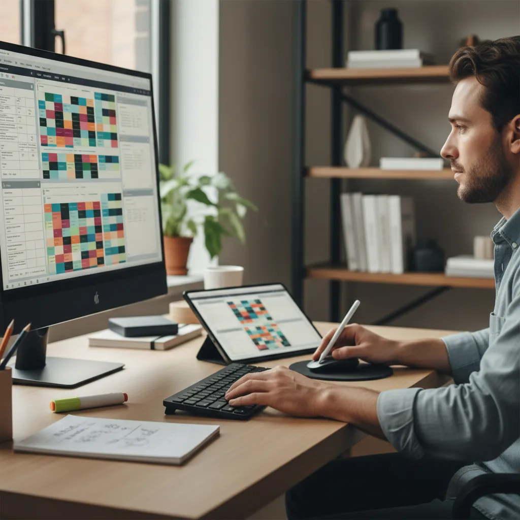 Individual actively managing debt payments and budget using a financial spreadsheet or app on a laptop.