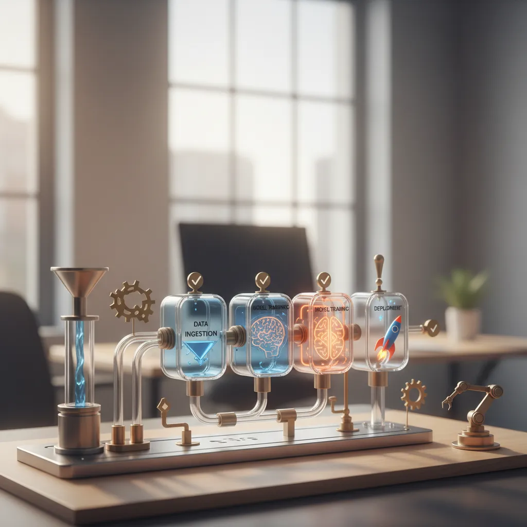 Visual representation of an automated MLOps pipeline with data and model versioning.