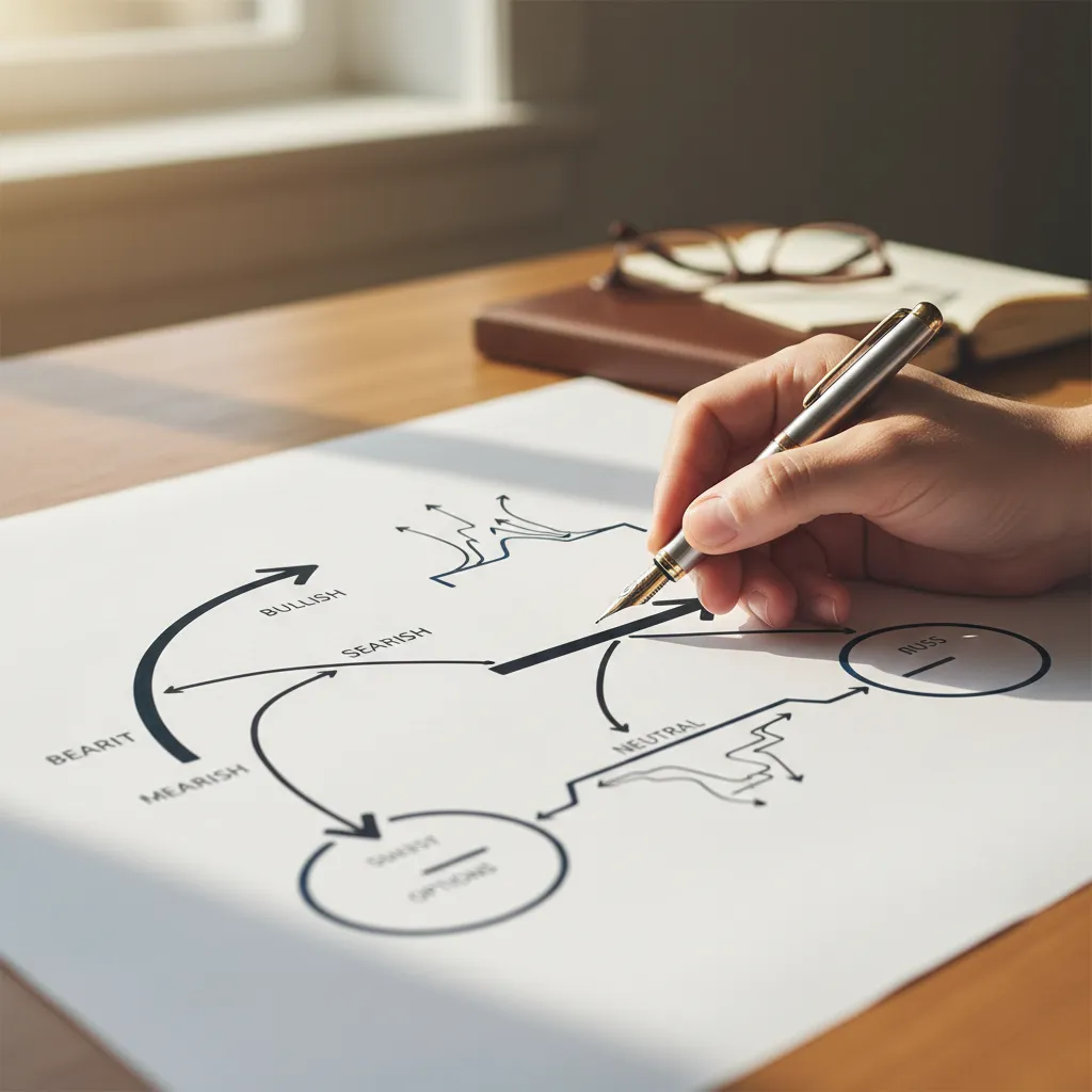 A hand making notes on a flowchart illustrating various options trading strategies and their execution paths.
