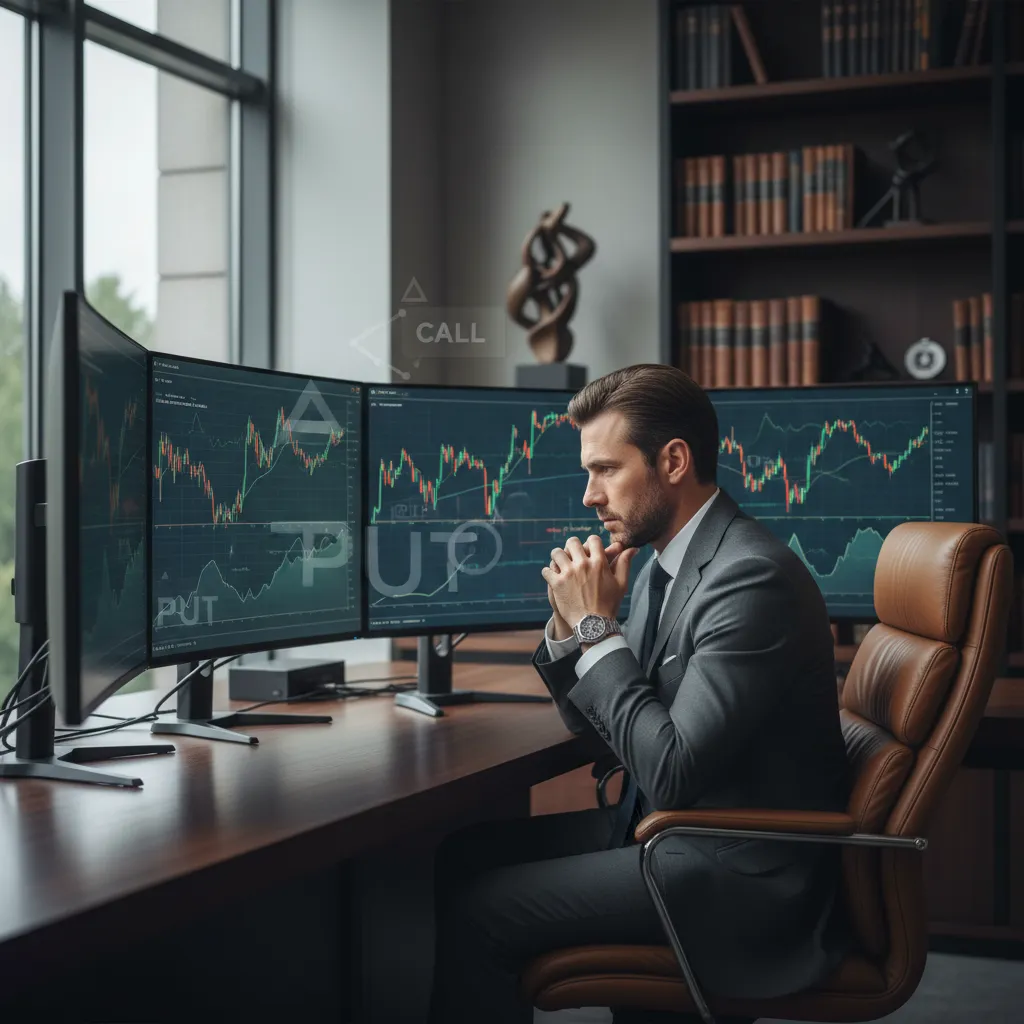 An investor analyzing options trading charts and data on multiple screens, strategizing for market movements.