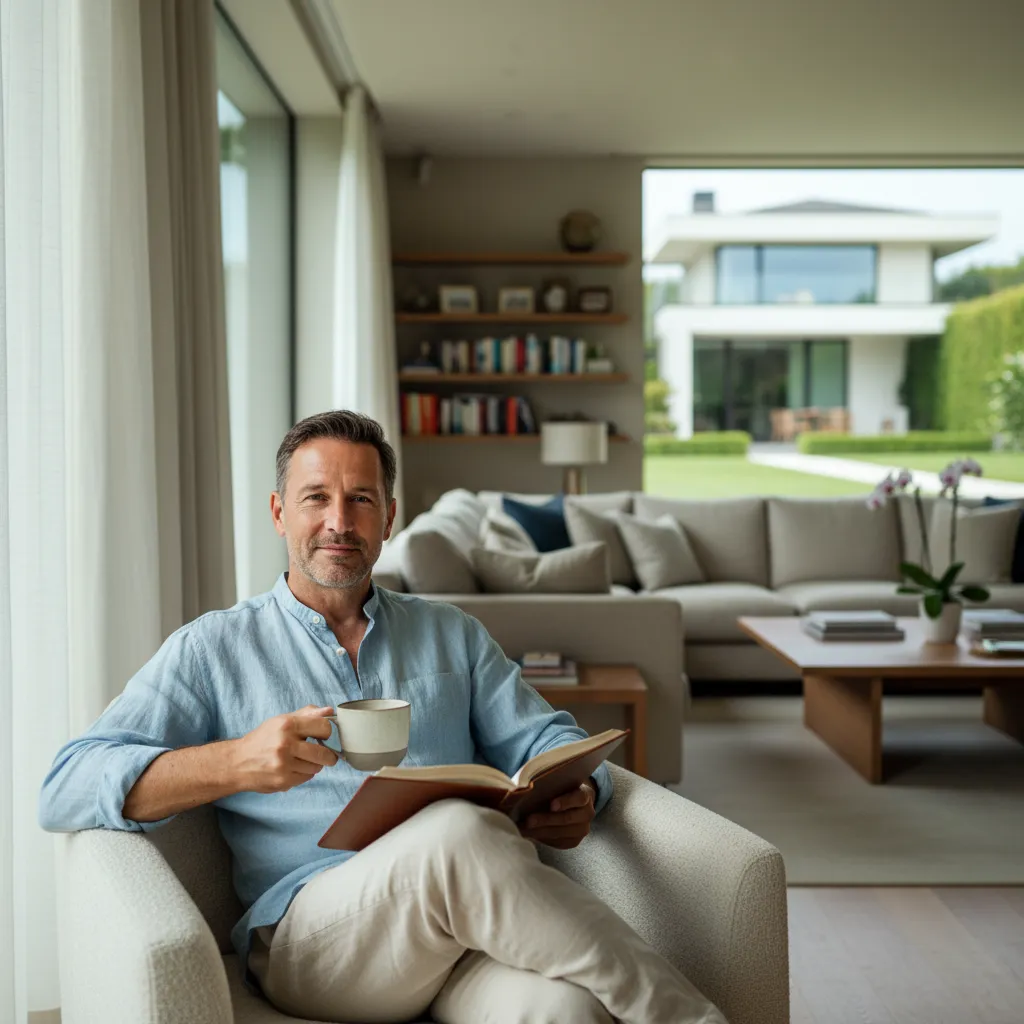 A serene image of a person relaxing in a well-lit home, subtly hinting at financial freedom with a blurred background showing a comfortable, established living space, representing passive income.