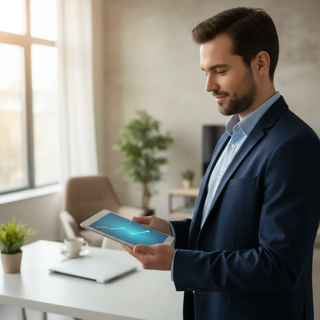 Person confidently viewing a tablet with a rising financial graph, symbolizing credit score improvement