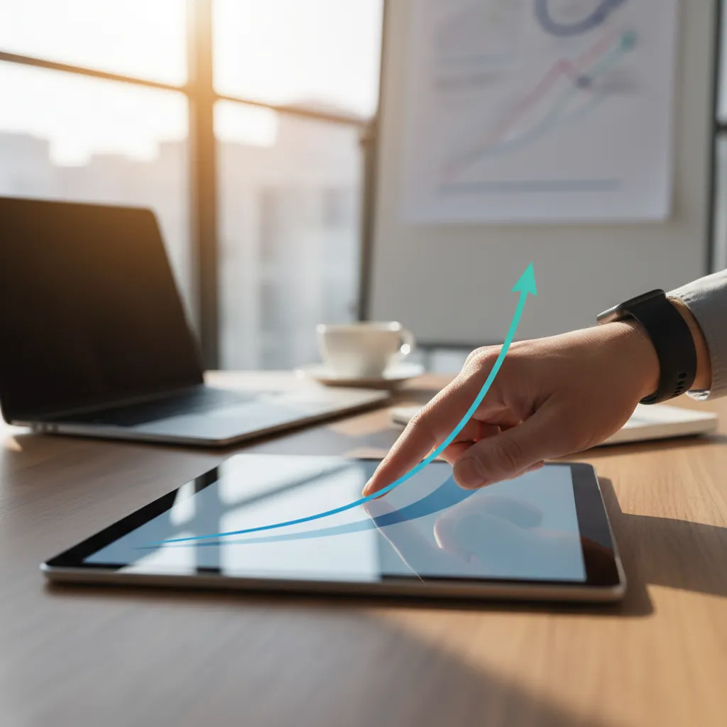 Hand interacting with a tablet displaying a clear predictive analytics growth trend graph.