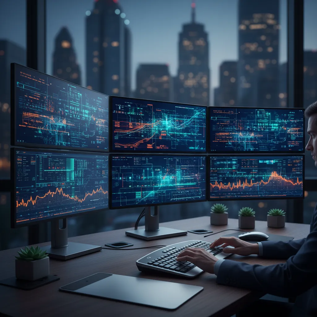 Screens displaying financial charts, algorithms, and data for quantitative investing